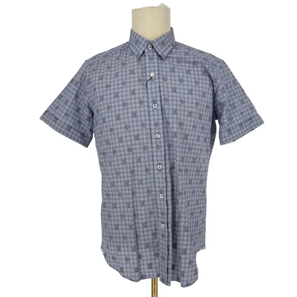Robert Graham Button Front Short Sleeve Shirt ANGEL FISH Blue White M